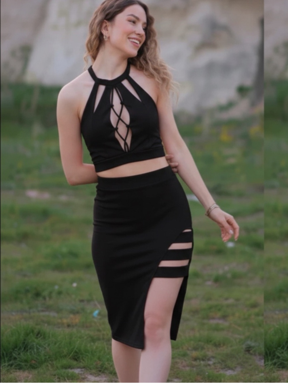 🖤 Fashion Nova Black Cut-Out Crop Top & Skirt 2-Piece Set  • Size Small